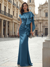 Elegant Formal Evening Dress Moonlight Silver Asymmetrical Ruffle Satin Gown