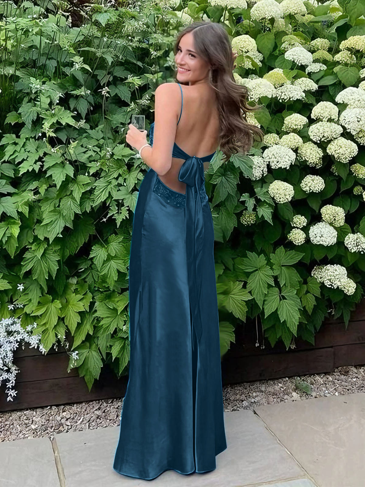 Blue A Line V-neck Beaded Back Tie Long Prom Dress