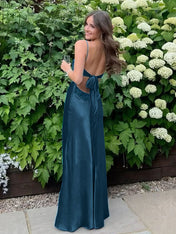 Blue A Line V-neck Beaded Back Tie Long Prom Dress