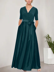 Surplice Neckline Ballgown with Full Satin Skirt & Jersey Bodice