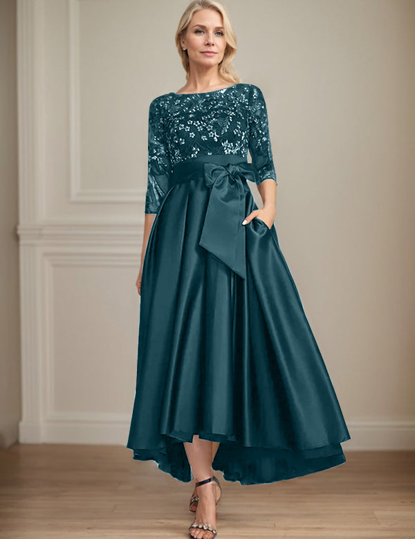 Robe de mère de la mariée asymétrique en satin et dentelle, coupe trapèze, décolleté en V, avec nœud 