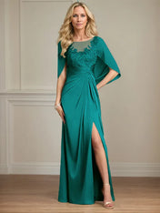 Sheath/Column Satin Scoop Neck Cap Sleeves Floor Length Mother Of The Bride Dresses