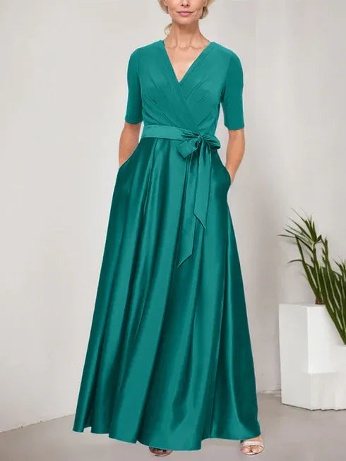 Surplice Neckline Ballgown with Full Satin Skirt & Jersey Bodice