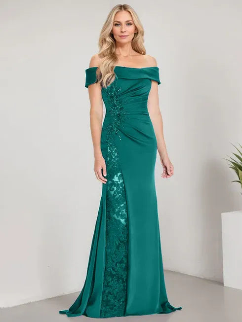 A-Line Off the Shoulder Floor-Length Mother of the Bride Dress Applique Beadings Mermaid Dress With  High Split