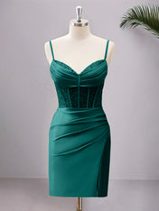 Spaghetti Straps Bodycon Corset Satin Homecoming Dress with Slit