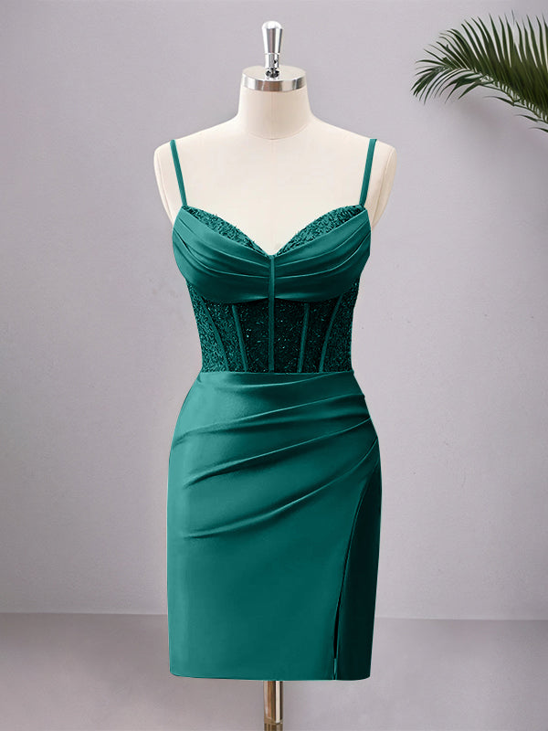 Spaghetti Straps Bodycon Corset Satin Homecoming Dress with Slit