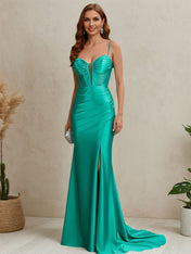 Peacock Beaded Corset Ruched Mermaid Prom Dress with Slit