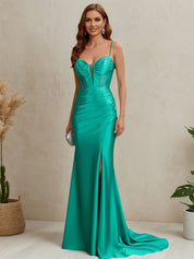 Peacock Beaded Corset Ruched Mermaid Prom Dress with Slit
