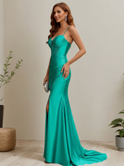 Peacock Beaded Corset Ruched Mermaid Prom Dress with Slit