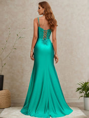 Peacock Beaded Corset Ruched Mermaid Prom Dress with Slit