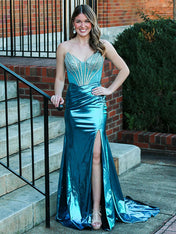 Peacock Blue Mermaid Sweetheart Beaded Long Prom Dress with Slit