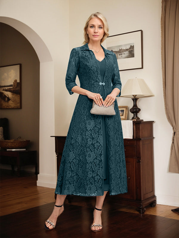 A-line V-Neck Tea-Length Chiffon Mother of the Bride Dress