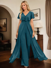 Jumpsuit/Pantsuit V-Neck Floor-Length Chiffon Evening Dress