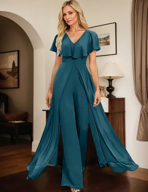 Pantsuit V-Neck Floor-Length Chiffon Evening Dress