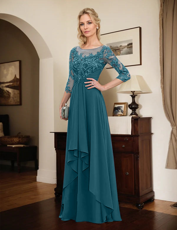 Robe de mère de la mariée trapèze en mousseline de soie et dentelle, longueur au sol, avec volants en cascade 