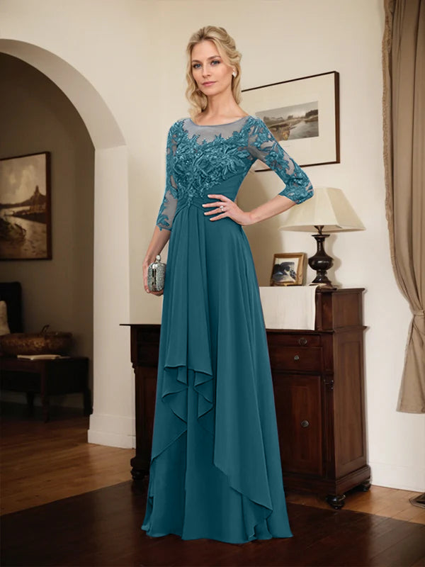 A-line Scoop Illusion Floor-Length Lace Chiffon Mother of the Bride Dress With Cascading Ruffles
