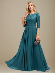 A-Line Scoop Floor-Length Lace Chiffon Mother Of the Bride Dress With Sequins Applique