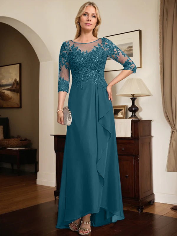 A-line Scoop Illusion Asymmetrical Lace Chiffon Mother of the Bride Dress With Sequins Cascading Ruffles
