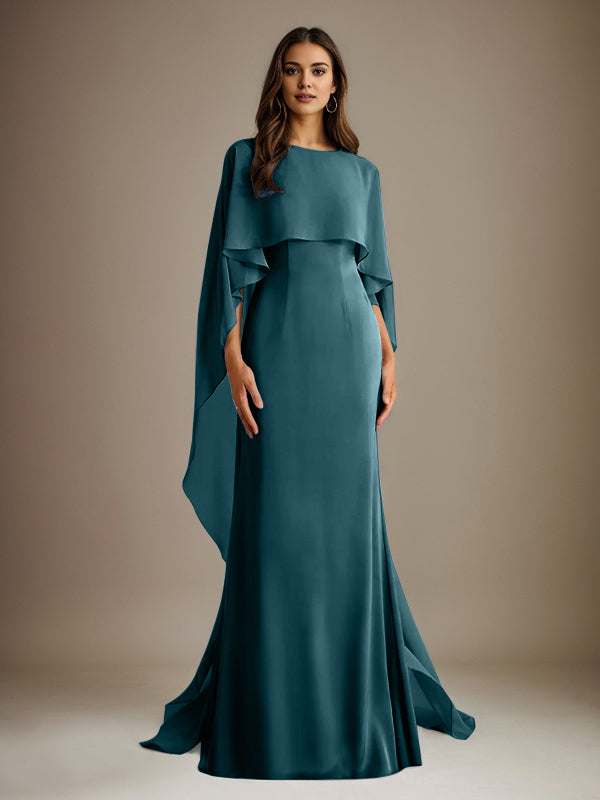 Robe de mère de la mariée en mousseline, coupe fourreau/colonne, col bateau, longueur ras du sol, avec volants en cascade 
