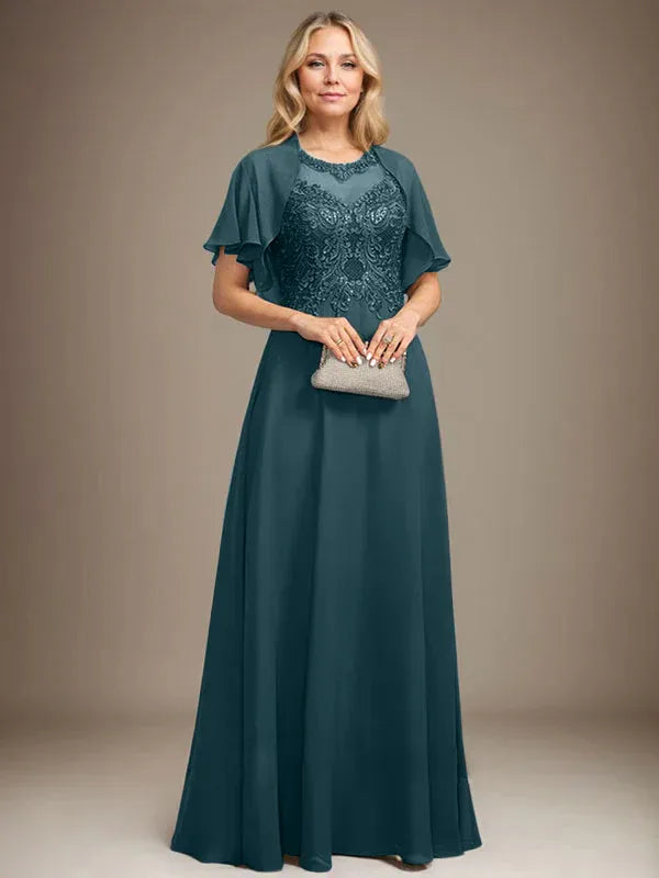 Robe de mère de la mariée trapèze en mousseline de soie et dentelle, longueur au sol, avec décolleté en V et paillettes 