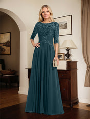 A-line Scoop Illusion Floor-Length Chiffon Lace Mother of the Bride Dress With Pleated Sequins