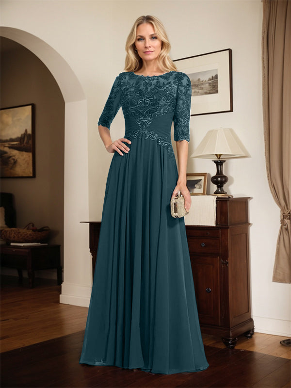 A-line Scoop Illusion Floor-Length Chiffon Lace Mother of the Bride Dress With Pleated Sequins