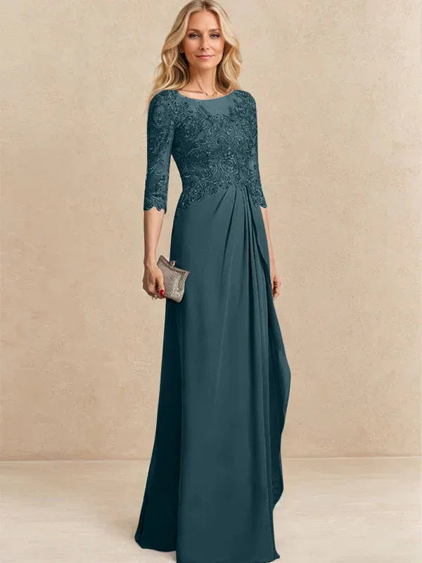 Robe de mère de la mariée trapèze en mousseline de soie et dentelle, longueur au sol, avec perles, paillettes et volants en cascade 