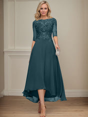 A-line Boat Neck Illusion Asymmetrical Chiffon Lace Mother of the Bride Dress With Sequins Beading