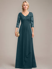 A-line V-Neck Floor-Length Lace Chiffon Mother of the Bride Dress With Cascading Ruffles Sequins
