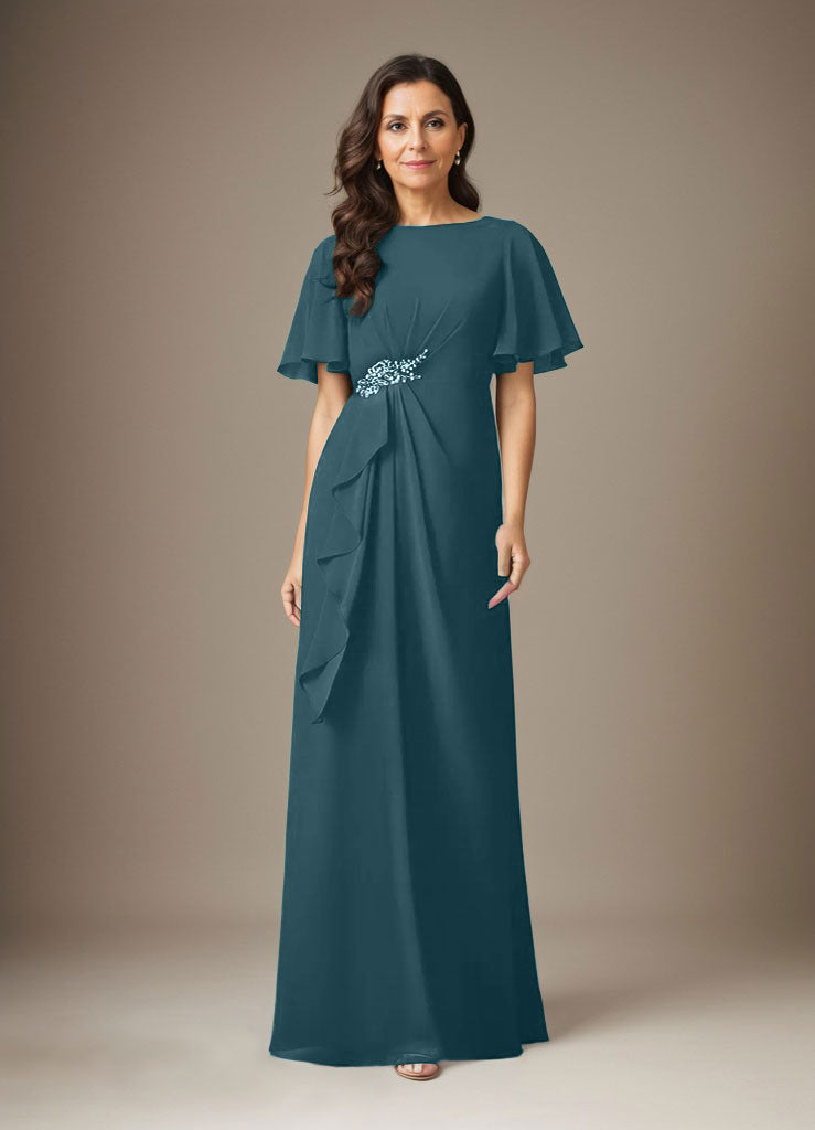 Robe fourreau en mousseline de soie bleu marine foncé avec perles