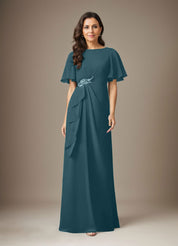Robe fourreau en mousseline de soie bleu marine foncé avec perles
