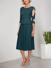 A-line Scoop Tea-Length Lace Chiffon Mother of the Bride Dress With Embroidery