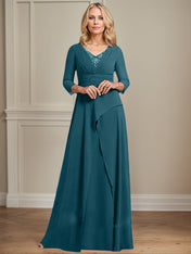 A-line V-Neck Floor-Length Chiffon Mother of the Bride Dress With Pleated Beading