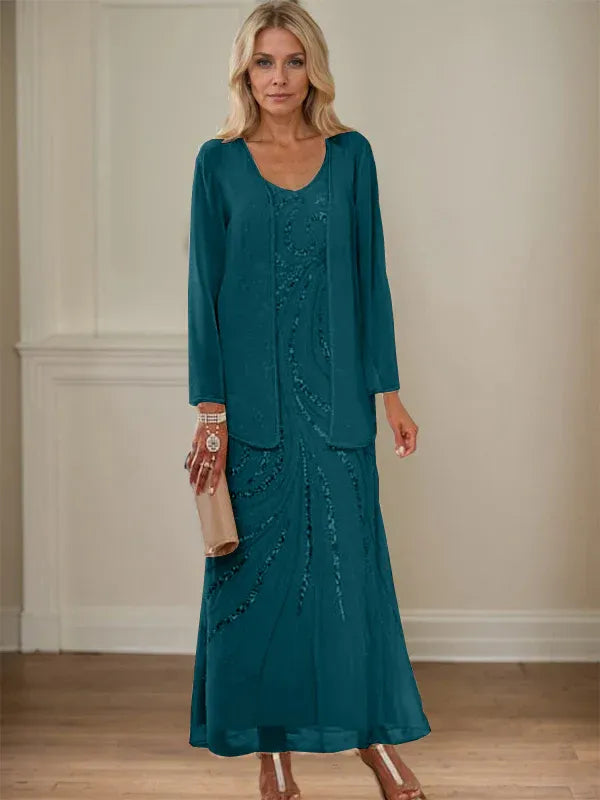 Robe de mère de la mariée fourreau/colonne, col en V, longueur cheville, avec veste et paillettes 