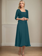 A-line Square Tea-Length Chiffon Lace Mother of the Bride Dress With Sequins Beading