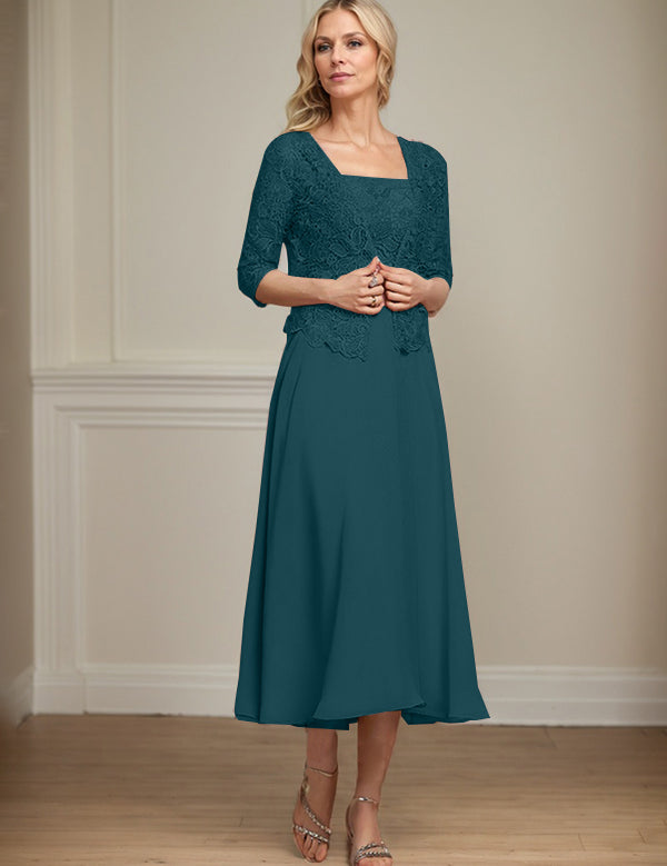 A-line Square Tea-Length Chiffon Lace Mother of the Bride Dress With Sequins Beading