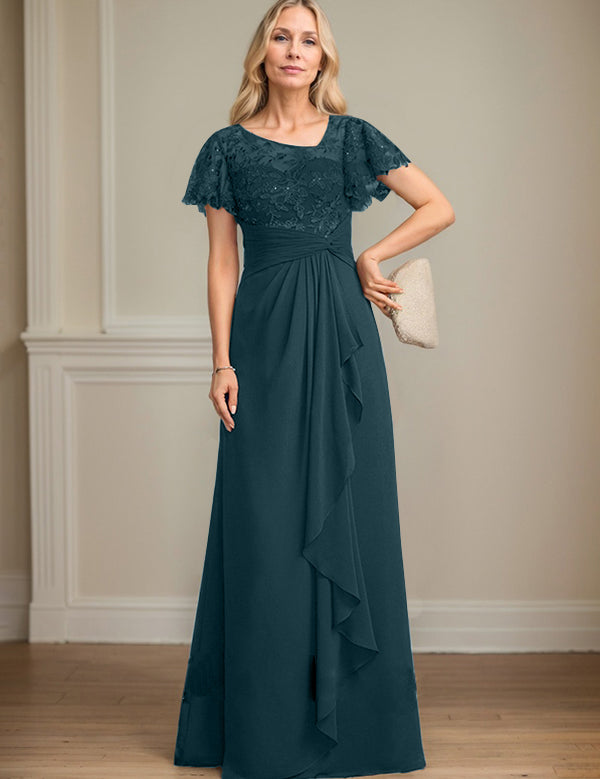 A-line Asymmetrical Illusion Floor-Length Lace Chiffon Mother of the Bride Dress With Cascading Ruffles Sequins