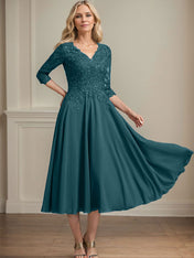 A-line V-Neck Tea-Length Chiffon Lace Mother of the Bride Dress With Beading Sequins