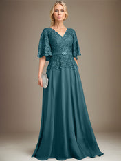 A-line V-Neck Floor-Length Chiffon Lace Mother of the Bride Dress With Crystal Brooch Rhinestone