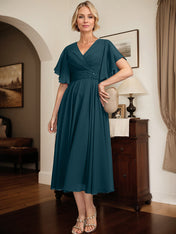 A-line V-Neck Tea-Length Chiffon Mother of the Bride Dress With Pleated Beading
