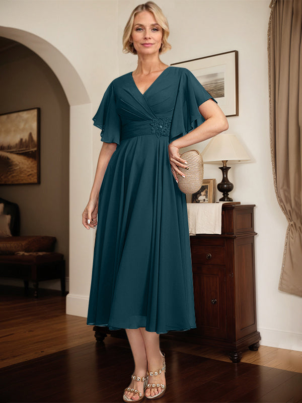 A-line V-Neck Tea-Length Chiffon Mother of the Bride Dress With Pleated Beading