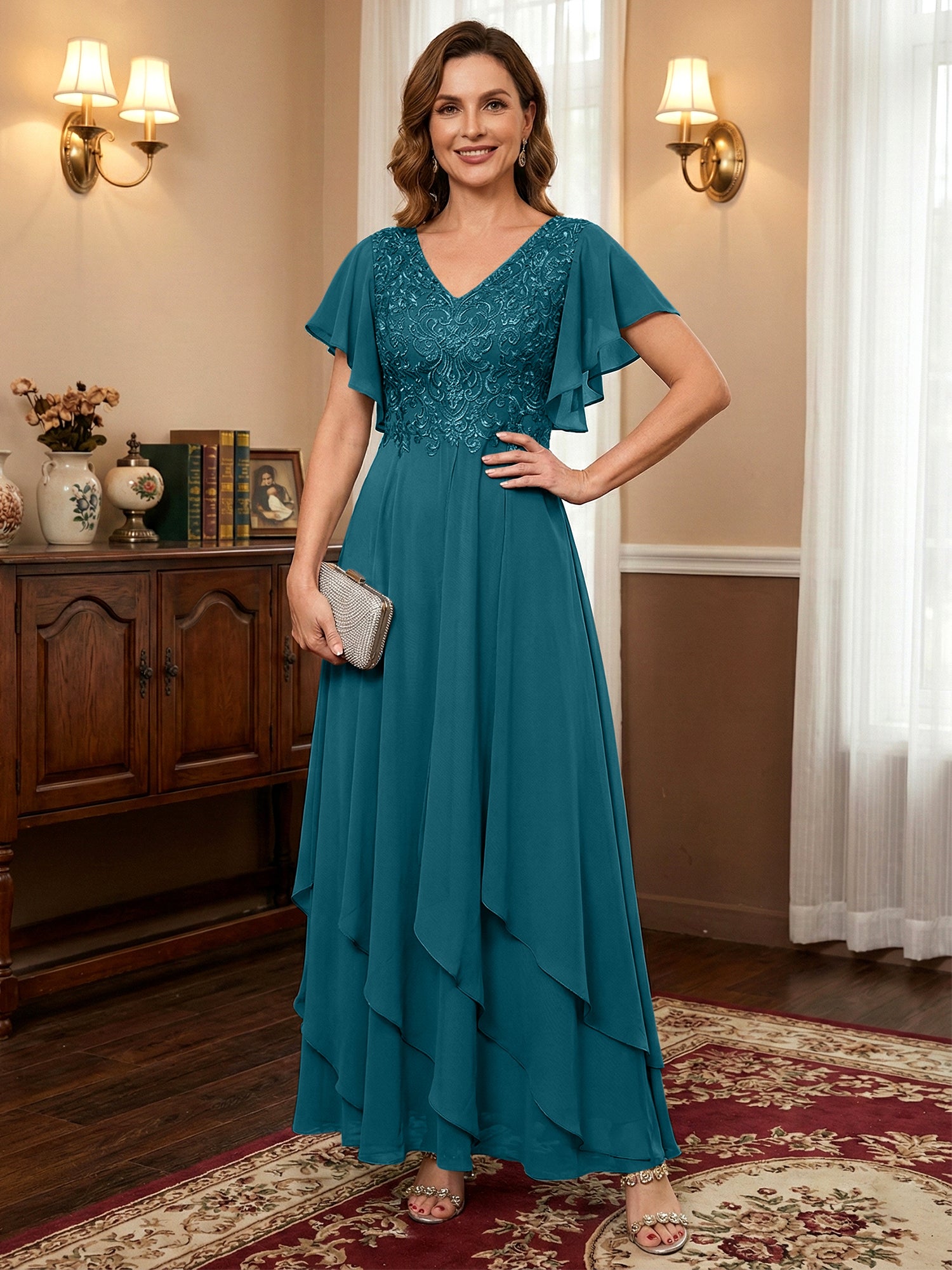 A-line V-Neck Ankle-Length Lace Chiffon Mother of the Bride Dress With Cascading Ruffles