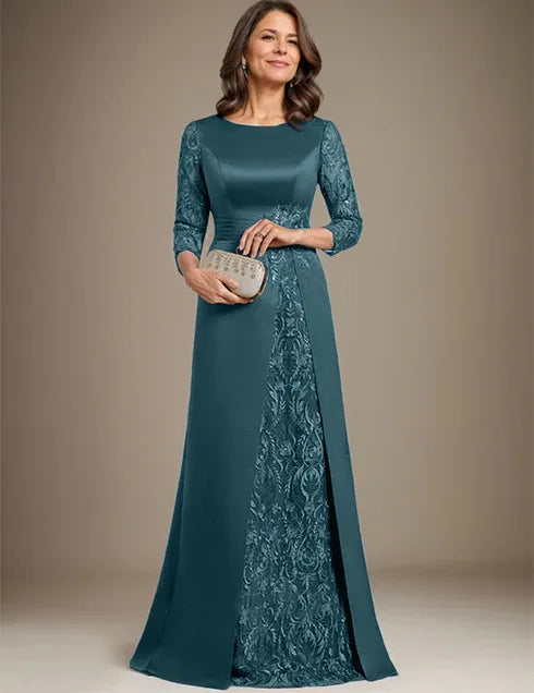 Robe de mère de la mariée en satin et dentelle, coupe trapèze, longueur au sol, avec appliques 