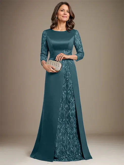 A-Line Scoop Floor-Length Lace Satin Mother Of the Bride Dress With Applique