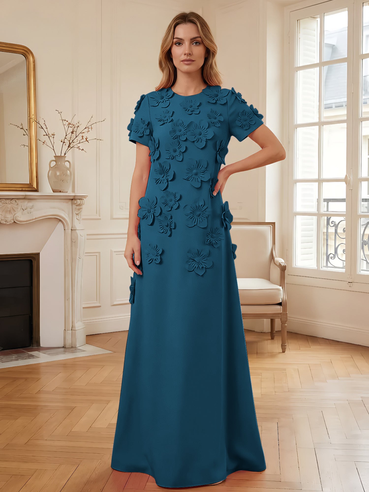 Short Sleeve Crew Neck A-Line Gown with 3D Floral Appliques Evening Dresses