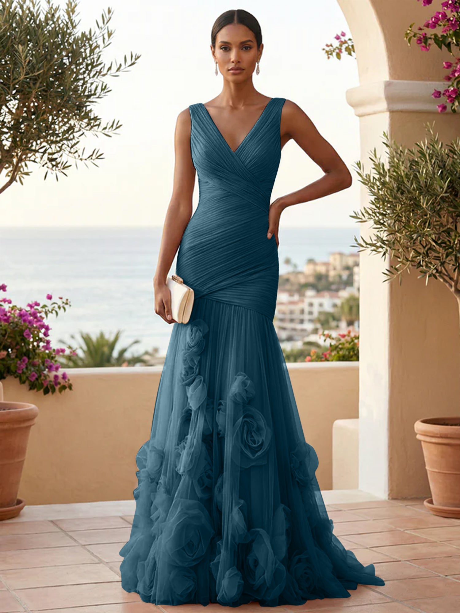 Sweetheart Tulle V Neck Pleat Mermaid Evening Dresses with 3D Flower