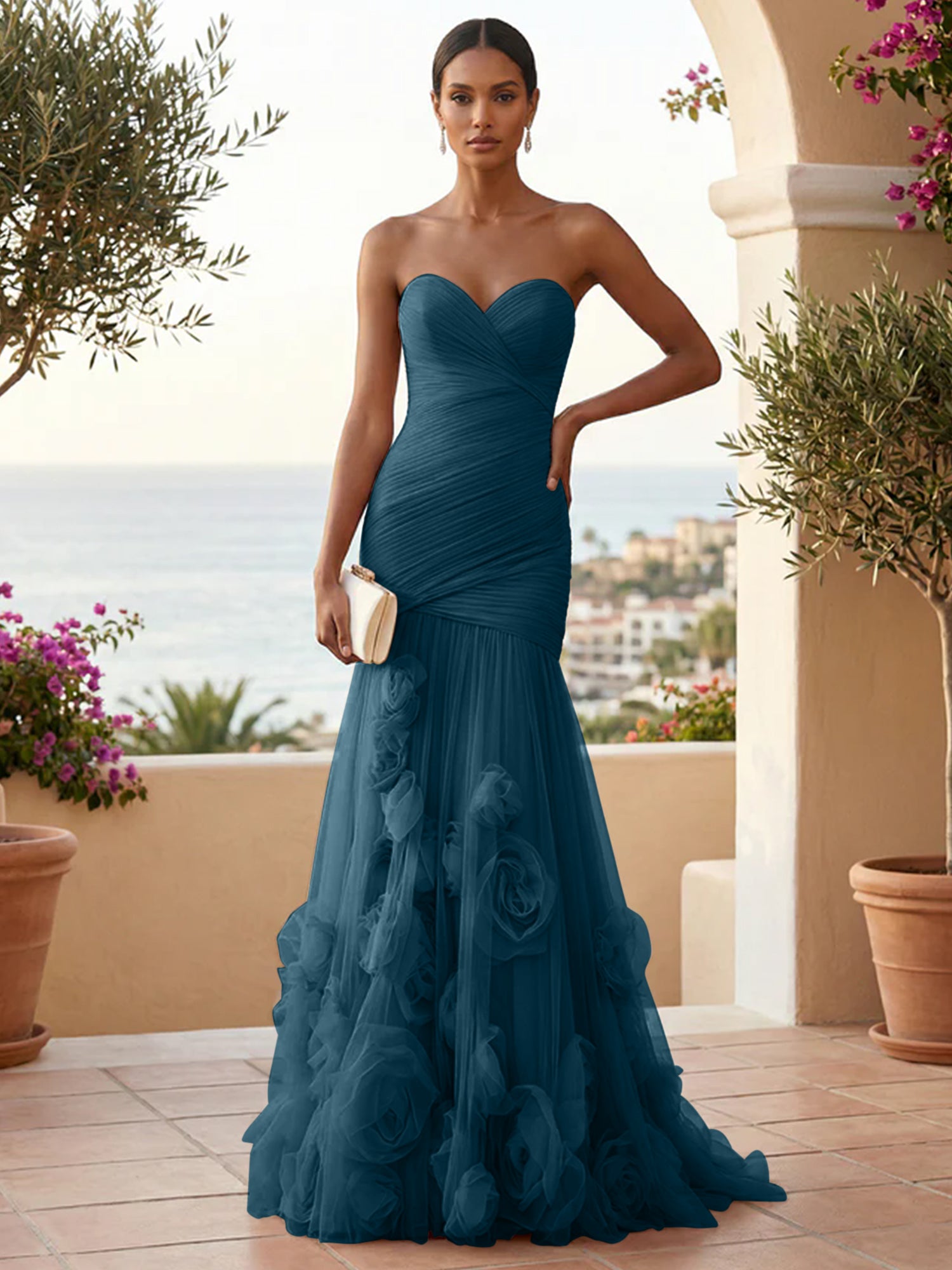 Sweetheart Tulle Pleat Mermaid Evening Dresses with 3D Flower
