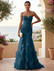Sweetheart Tulle Pleat Mermaid Evening Dresses with 3D Flower