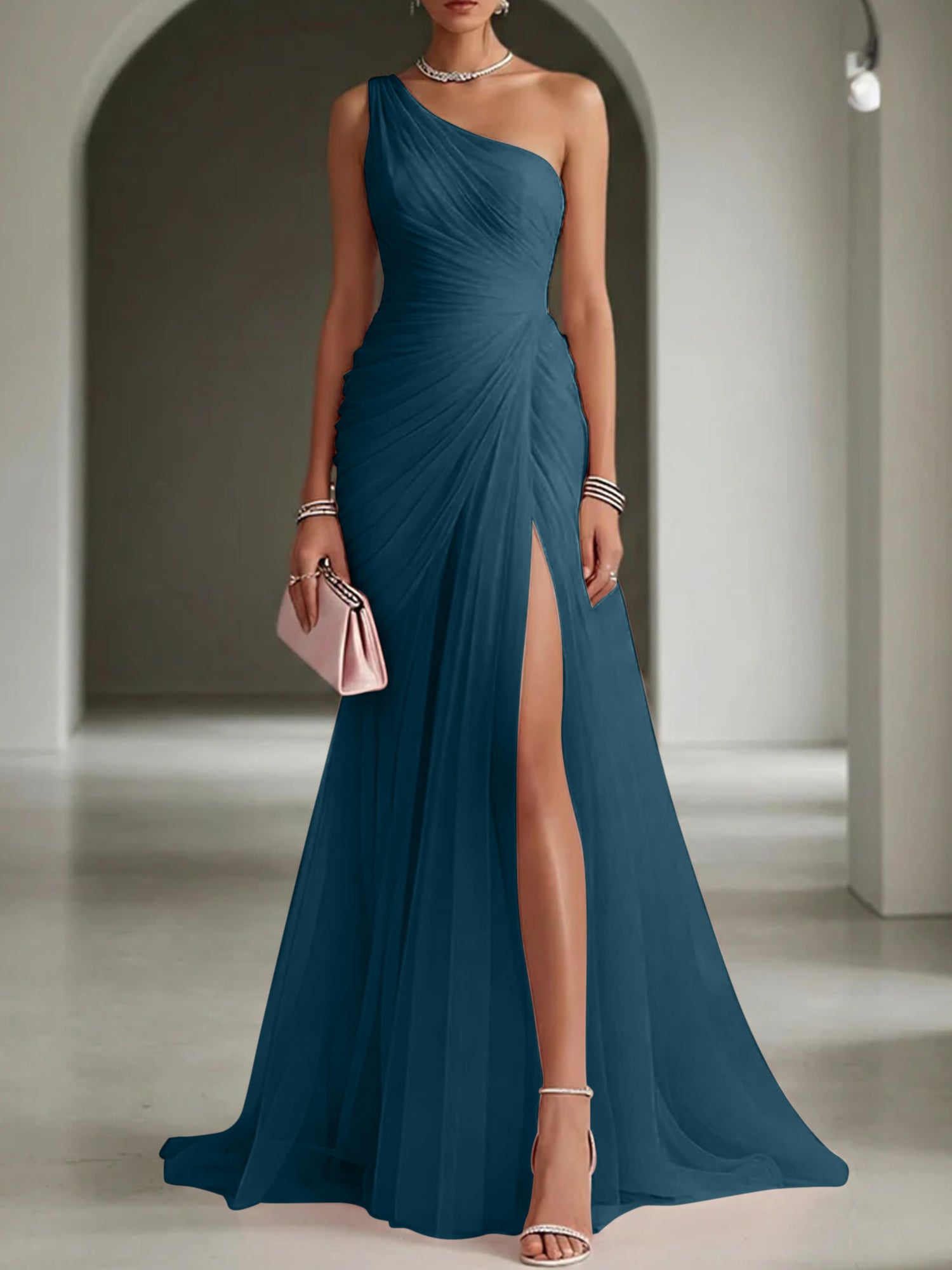 Pink Ruched Slit Tulle Strapless One Shoulder Sheath Gown Dress