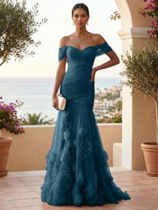 Sweetheart Tulle Off the Shoulder Pleat Mermaid Evening Dresses with 3D Flower